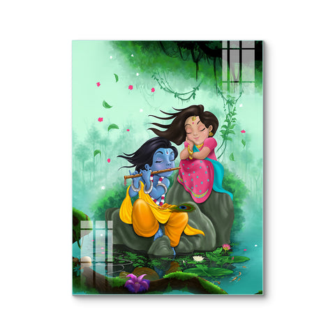 Modern Cute Radha Krishna Glass Wall Painting