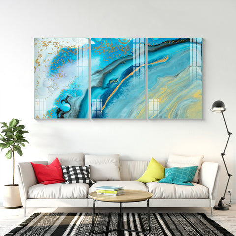 Beautiful Abstract Multi Frame Colorful Wall Painting for Living Room: Oceanic Blue Rush