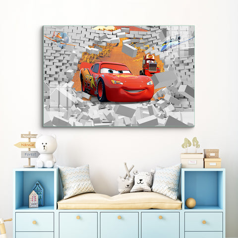 Frameless Beautiful Glass Wall Painting for Home: The Car Mural