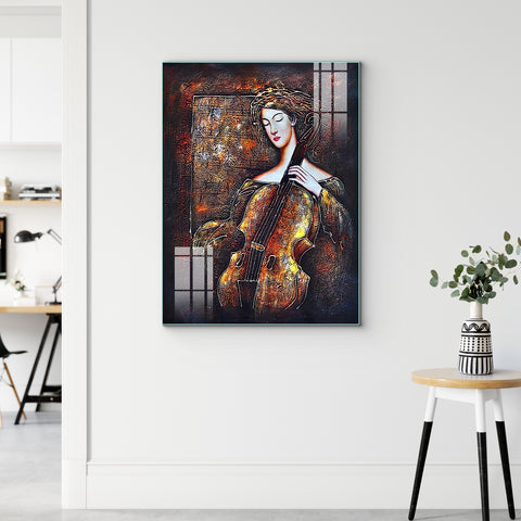 Frameless Beautiful Wall Painting for Home: Woman with Violin Art Glass Painting