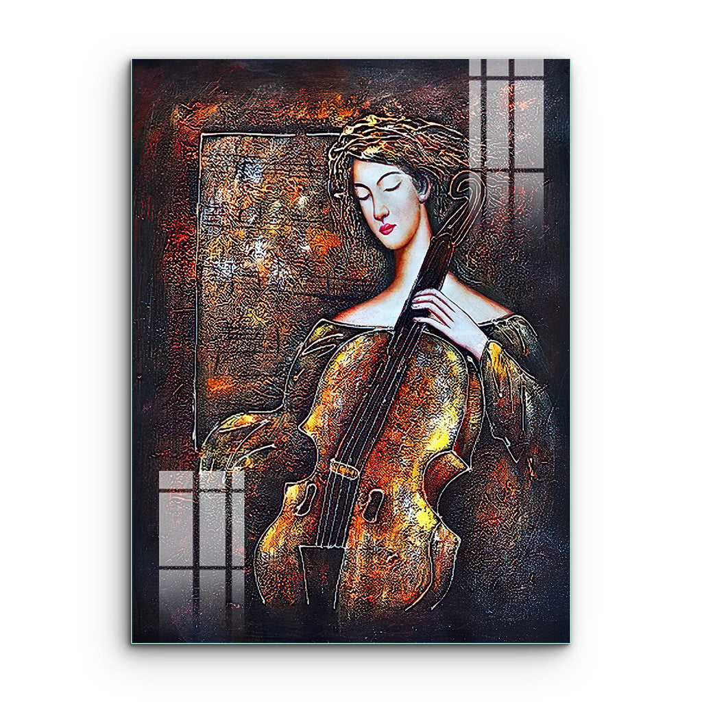 Frameless Beautiful Wall Painting for Home: Woman with Violin Art Glass Painting