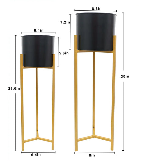 Matte Black Metallic Flower Pot with Golden Stand for home decor (set of 2)