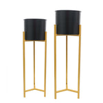 Matte Black Metallic Flower Pot with Golden Stand for home decor (set of 2)