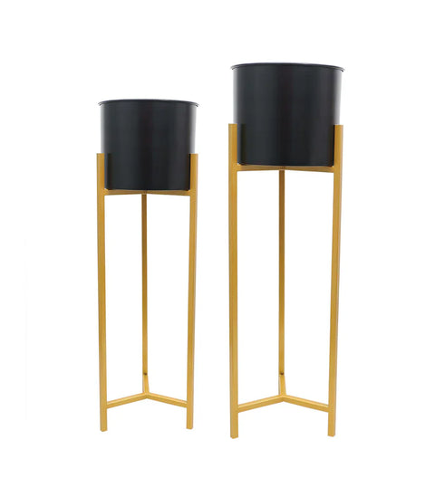 Matte Black Metallic Flower Pot with Golden Stand for home decor (set of 2)