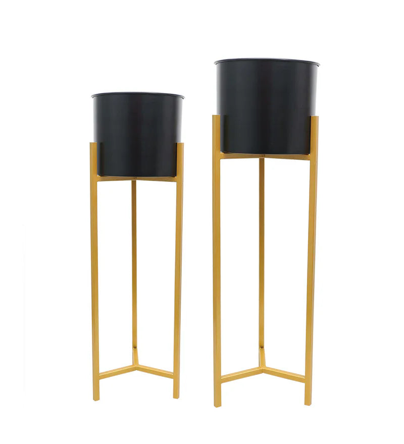 Matte Black Metallic Flower Pot with Golden Stand for home decor (set of 2)