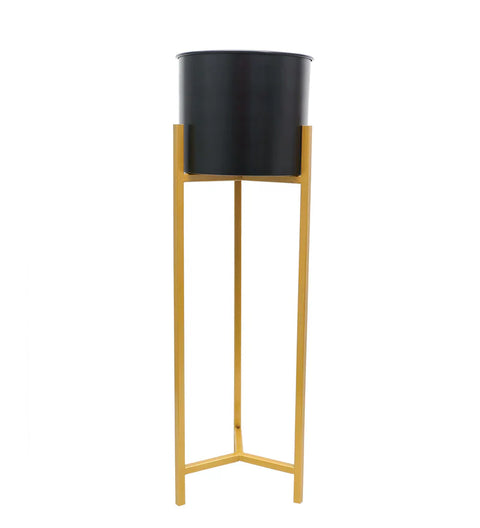 Matte Black Metallic Flower Pot with Golden Stand for home decor (set of 2)