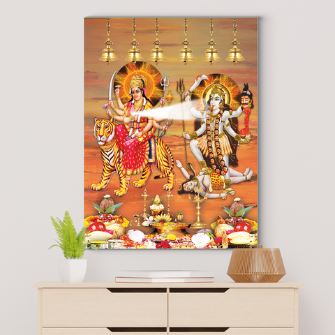 FLAIR GLASS Frameless Design - Maa Durga and Maa Kali Glass Wall Paintings PREFIXED Strong Steel Hooks for WALLMOUNT