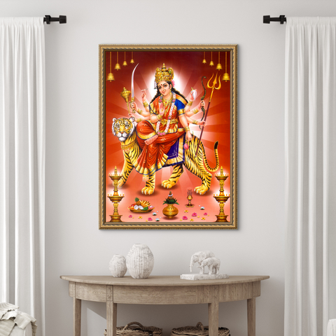 FLAIR GLASS Frameless Border Design - MA Durga Glass Wall Paintings PREFIXED Strong Steel Hooks for WALLMOUNT