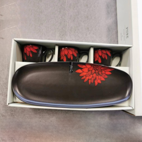 Black & Red 7PCS Snack Set ( REC. 1 PC + 6PC MUG)-Mug-270ml & Tray-37x14cm
