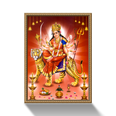 FLAIR GLASS Frameless Border Design - MA Durga Glass Wall Paintings PREFIXED Strong Steel Hooks for WALLMOUNT