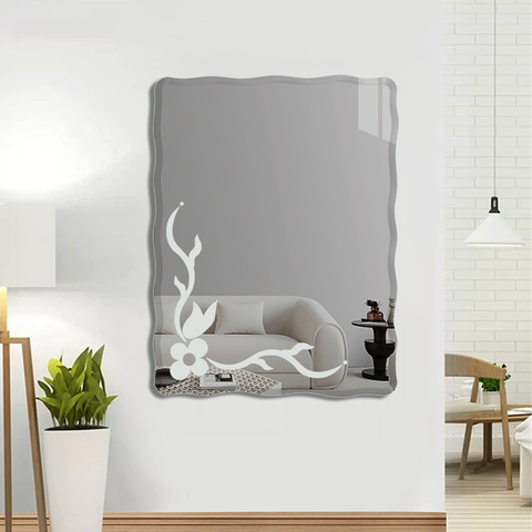 Frameless Rectangular Zigzag Curve Frosted Beveled Mirror For Living & Bathroom