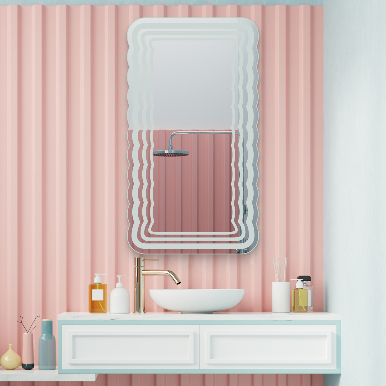 Curvy Zigzag Frosted Rectangular Designer Frameless Bathroom Mirror ...