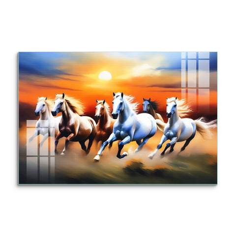 Tempered Glass Frameless Wall Painting: Modern Depiction of 6 Running Horses