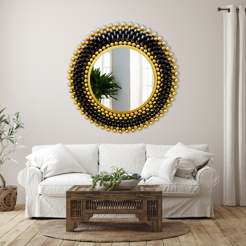 Luxury Round Wall Mirror Gold Black Beaded Framed Mirror