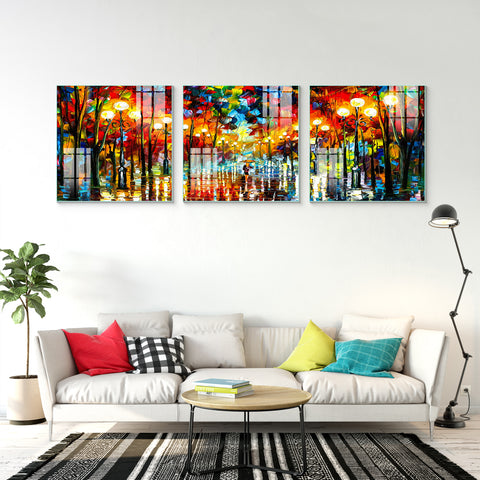 Abstract Multi Frame Colorful Wall Painting for Living Room: Rainy Light Blues