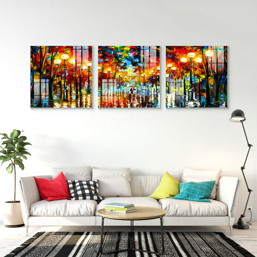 Abstract Multi Frame Colorful Wall Painting for Living Room: Rainy Light Blues