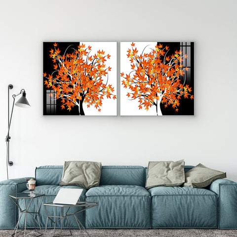 Beautiful Multiple Frame Colorful Wall Painting for Living Room: Autumn Maple Modular Tree Art
