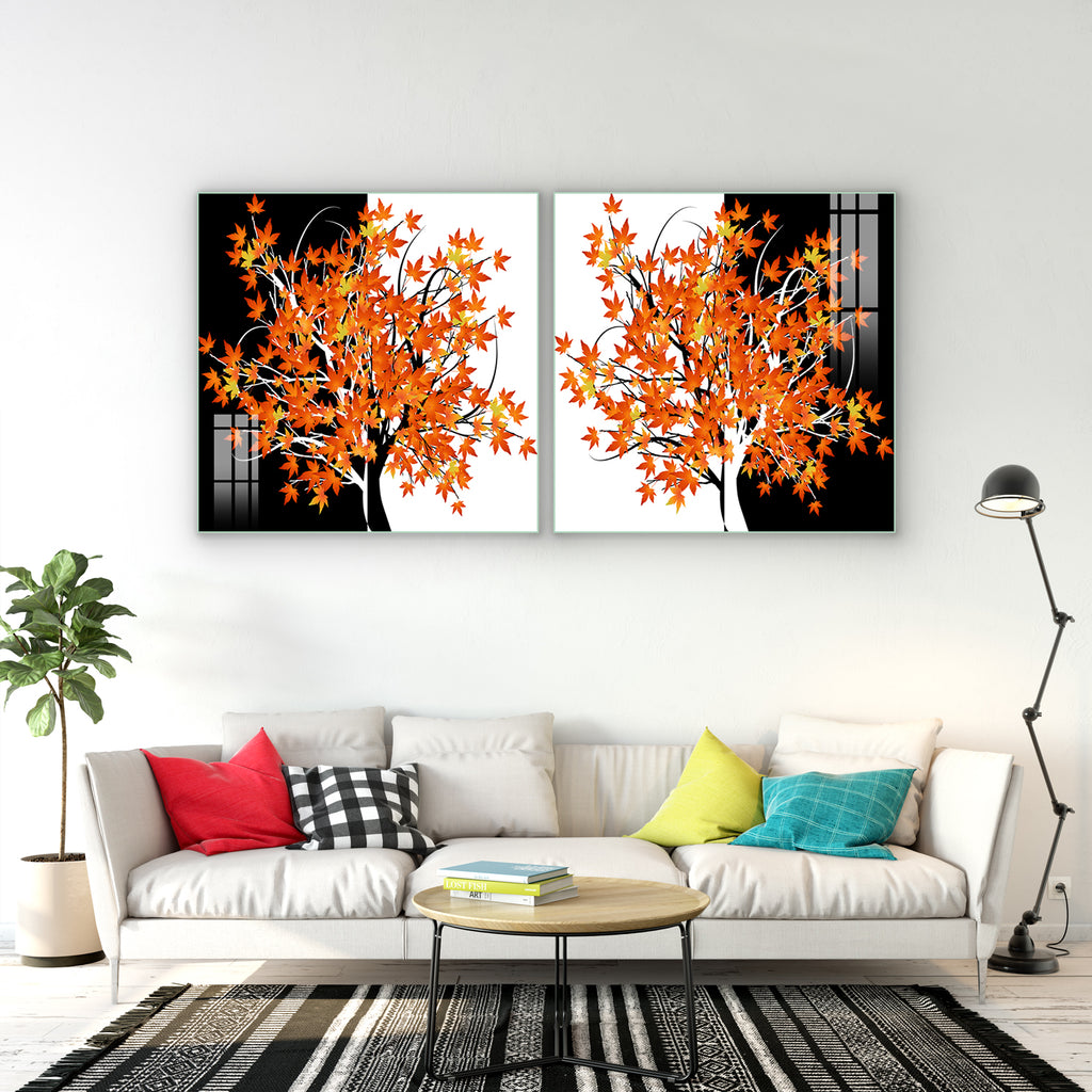 Beautiful Multiple Frame Colorful Wall Painting for Living Room: Autumn Maple Modular Tree Art
