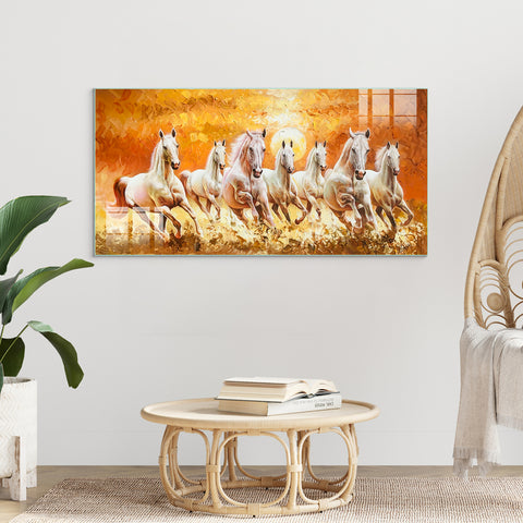 Beautiful Frameless Tempered Glass Painting: Seven Horses-Golden Paintings