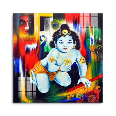 Beautiful Wall Painting for Home:  Bal Krishna Glass Brush Painting