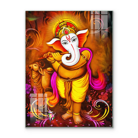 Beautiful Wall Painting for Home: Lord Ganesha With Flute Colourful Painting