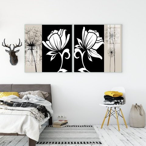 Beautiful Multiple Frame Colorful Wall Painting for Living Room: Black and White floral abstract art