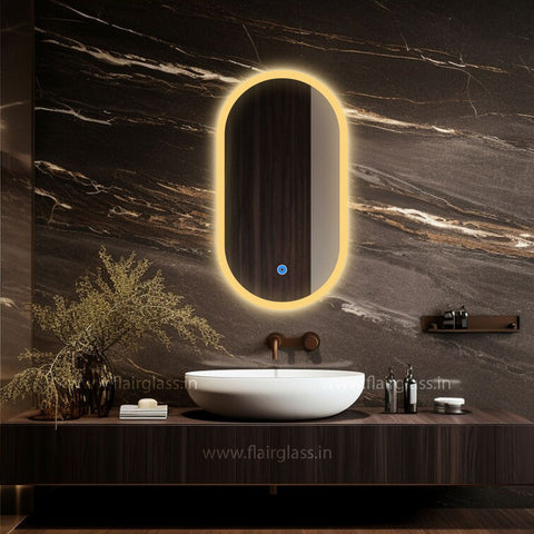 Capsule Led Mirror with Edge Lights, LED Bathroom Mirror, Asymmetrical Lighted Mirror, Illuminated Large Wall Mirror, Makeup Frontlit Mirror- Oval