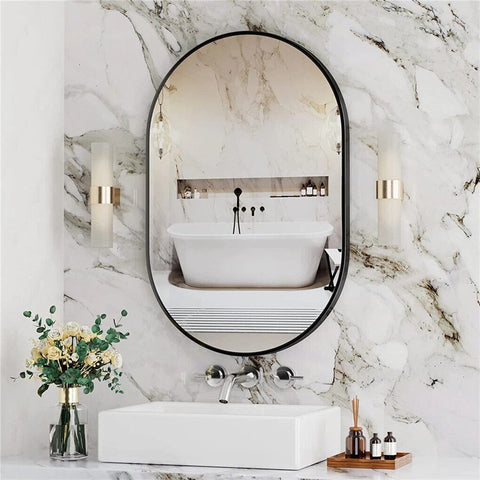 Capsule Matte Black Metallic Framed Mirror for Bathroom and Living Room
