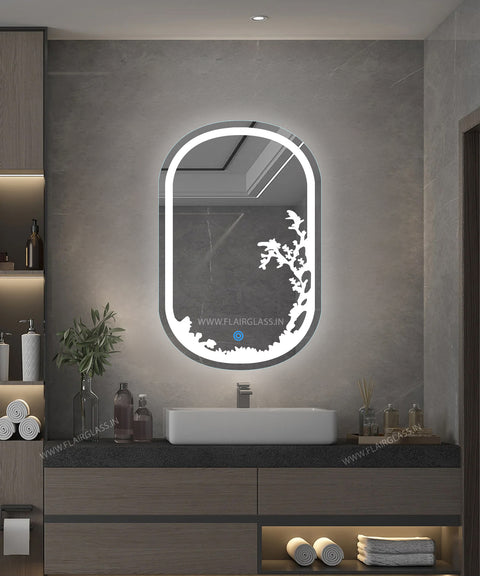 Etching Border Edge Bathroom Mirror Glow-Natural White Light - Oval