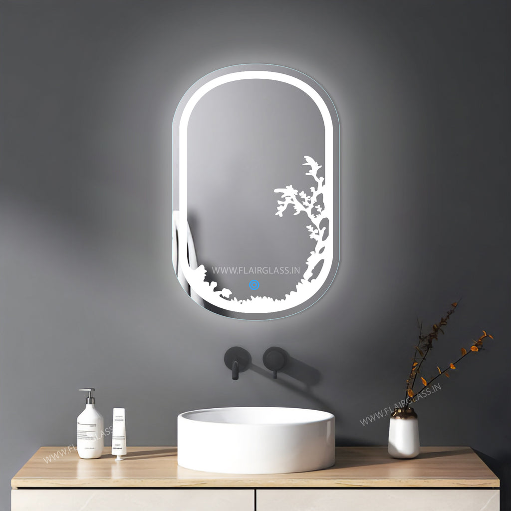 Etching Border Edge Bathroom Mirror Glow-Natural White Light - Oval