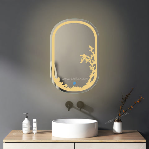 Etching Border Edge LED Bathroom Mirror Glow-Warm White Light - Oval