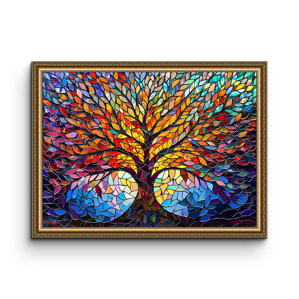 Frameless Eternal Bloom Vibrant Mosaic Tree Glass Art – Abstract Glass Painting for Wall Décor