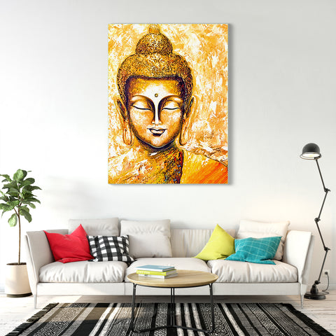 Frameless Beautiful Wall Painting for Home: Gautam Buddha Golden Oil painting