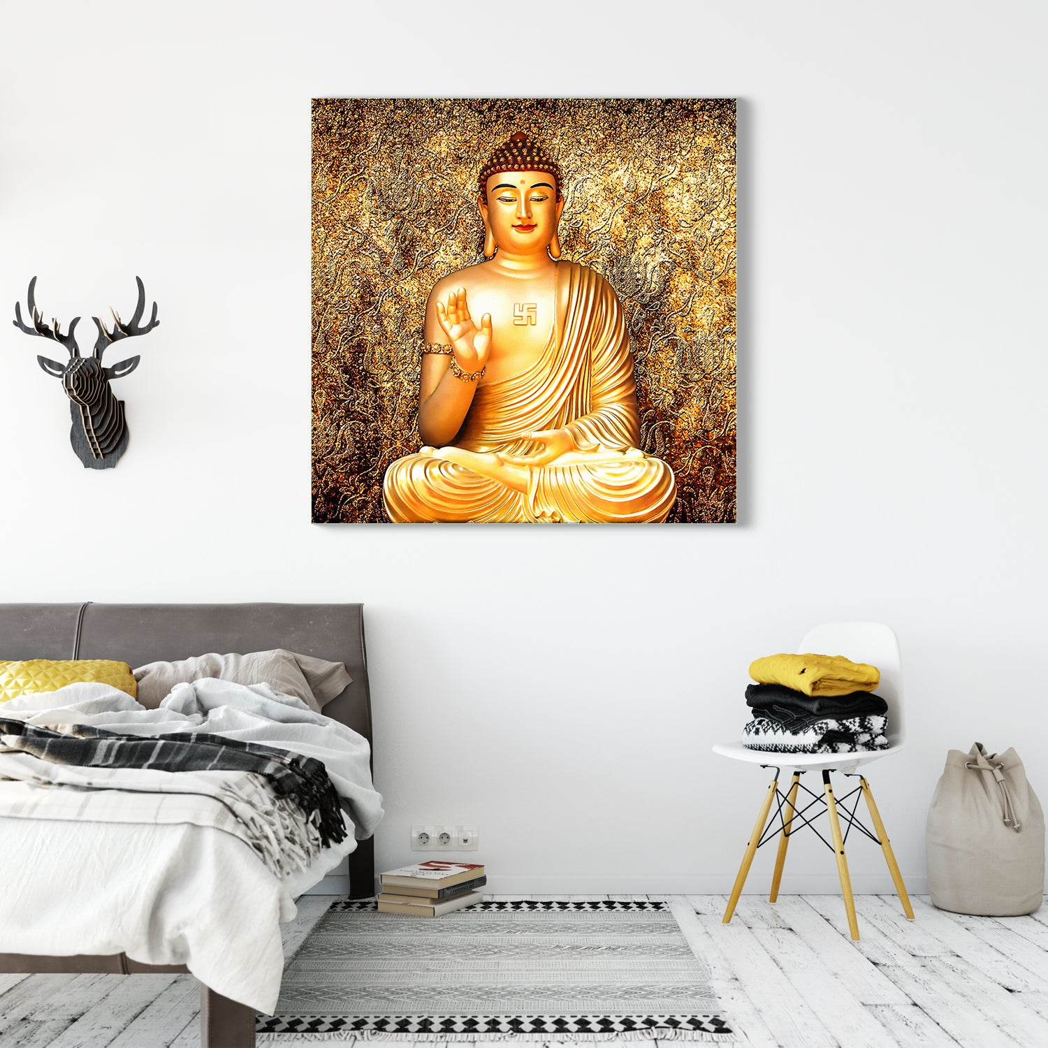 999Store Wooden Stretched Lord Gautam Buddha Budha painting with frame for wall  buddha art bed room living décor home Golden Background Wall frames canvas  modern stylish hanging  Canvas 36X36 Inches Strectched