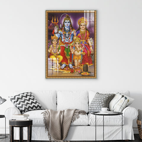 Glass Wall Paintings Depicting Lord Shiva, Parvati, and Their Divine Sons for Elegant Home Decor