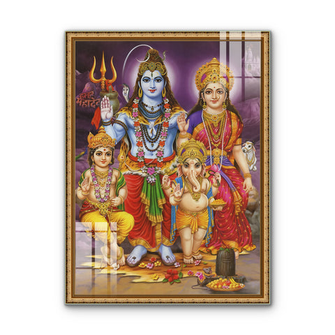Glass Wall Paintings Depicting Lord Shiva, Parvati, and Their Divine Sons for Elegant Home Decor