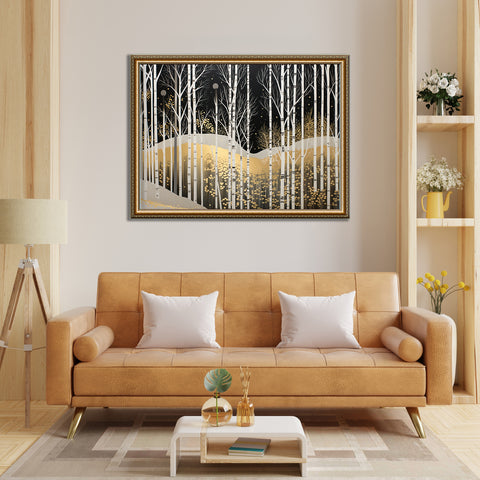 Golden Birch Nightscape Luxurious Abstract Glass Art for Modern Décor