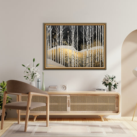 Golden Birch Nightscape Luxurious Abstract Glass Art for Modern Décor