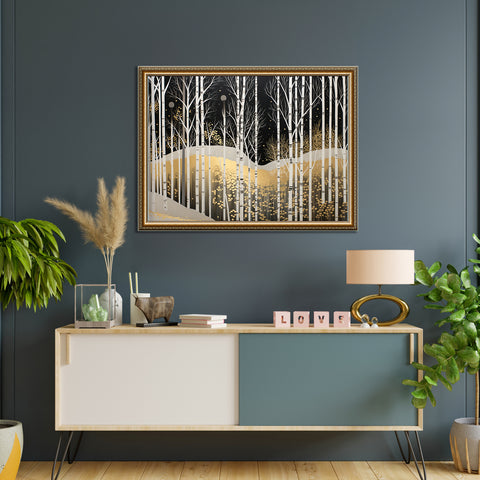 Golden Birch Nightscape Luxurious Abstract Glass Art for Modern Décor