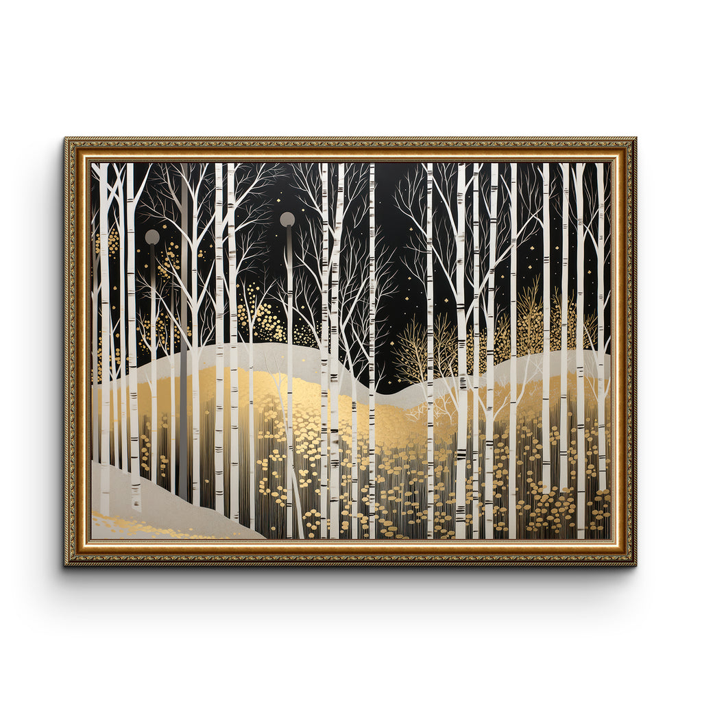 Golden Birch Nightscape Luxurious Abstract Glass Art for Modern Décor