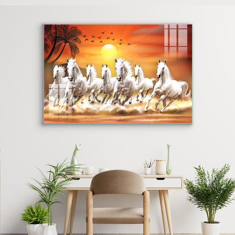 Golden Hooves Digital printing on Glass : Seven Horse Run Glass Wall Home Decor