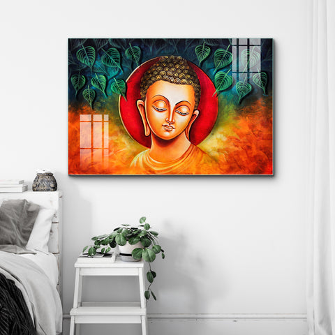 Golden Lord Gautam Buddha Peace Glass Painting
