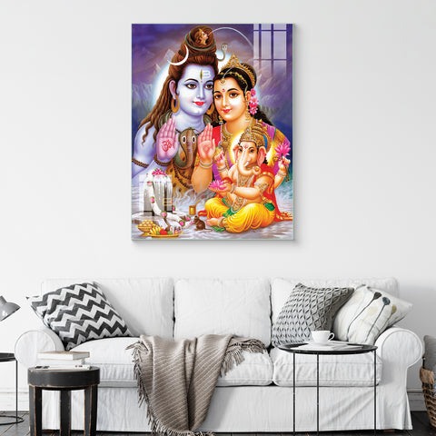 Grace Your Home with Glass Wall Art of Lord Shiva, Parvati, and Ganesh Ji