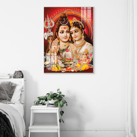 Home Decor with Exquisite Glass Wall Paintings The Divine Presence of Lord Shiva, Parvati, and Their Cherished Sons