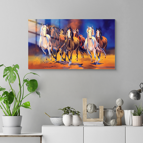 Stunning Frameless Tempered Glass Wall Painting - Seven Horses Running in Colorful Splendor
