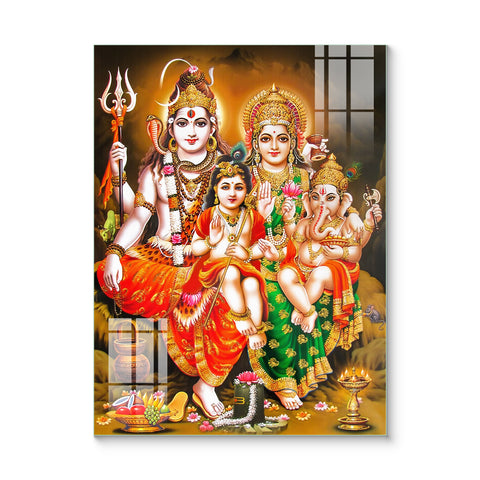 Lord Shiva Family Glass Wall Painting for Home Decor