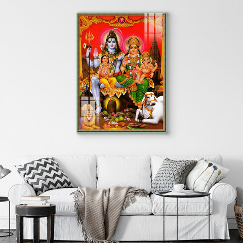 Lord Shiva & His Family Vintage-style Devotional Glass wall Paintings