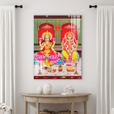 Frameless Maa Lakshmi & Ganesh Abstract Glass Paintings