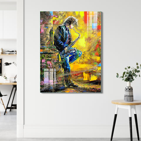 Frameless Beautiful Wall Painting for Home: Man with Saxophone Art Glass Painting
