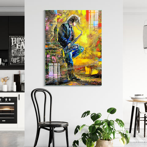 Frameless Beautiful Wall Painting for Home: Man with Saxophone Art Glass Painting